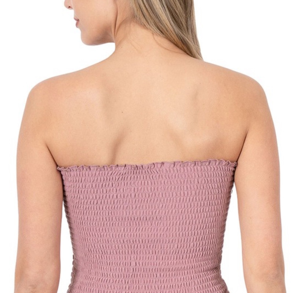 NWT! Olive Green Smocked Strapless Stretchy Tube top Bodycon Crop Top - Picture 4 of 4